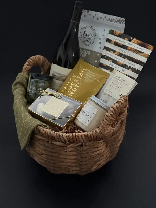 Grounded gift basket placed in a cozy living room setting for relaxation and self-care