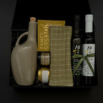 Tuscan Harvest Gift Box with Italian herb balsamic, olive oil, almonds, honey, and stoneware dispenser.