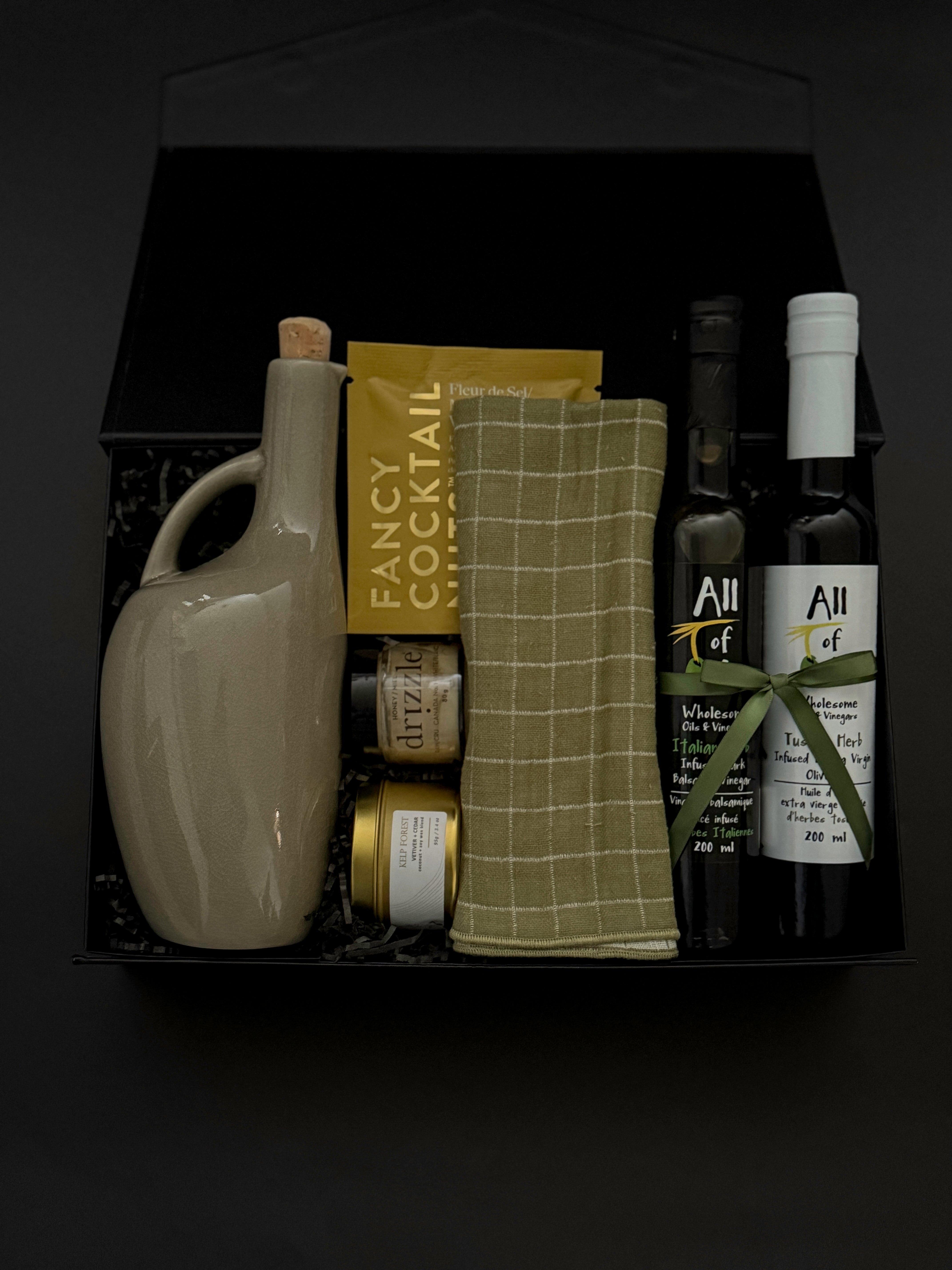 Tuscan Harvest Gift Box with Italian herb balsamic, olive oil, almonds, honey, and stoneware dispenser.