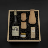 Close-up of Hinoki Cypress Sake Carafe and Cups in Luxury Gift Box