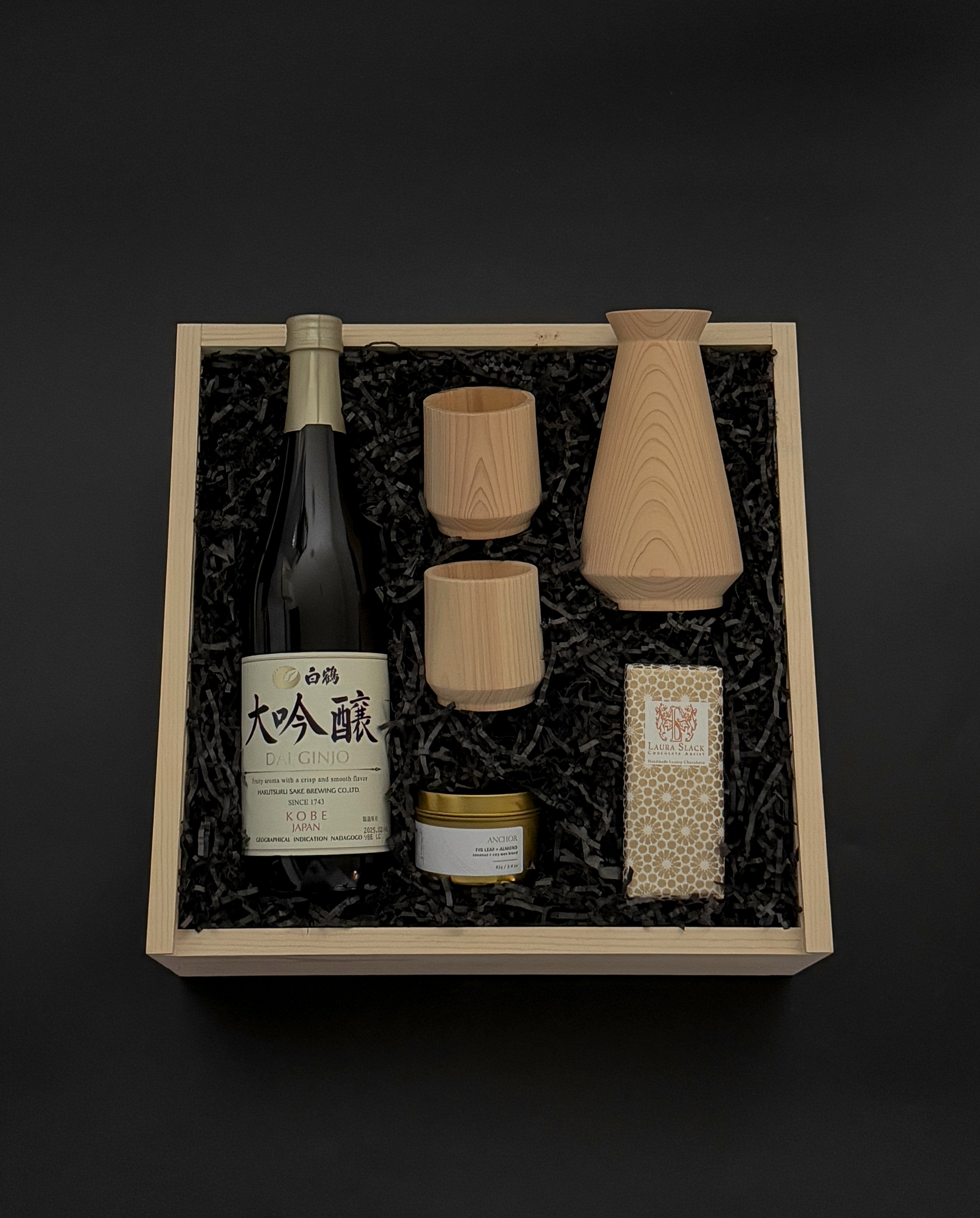 Close-up of Hinoki Cypress Sake Carafe and Cups in Luxury Gift Box