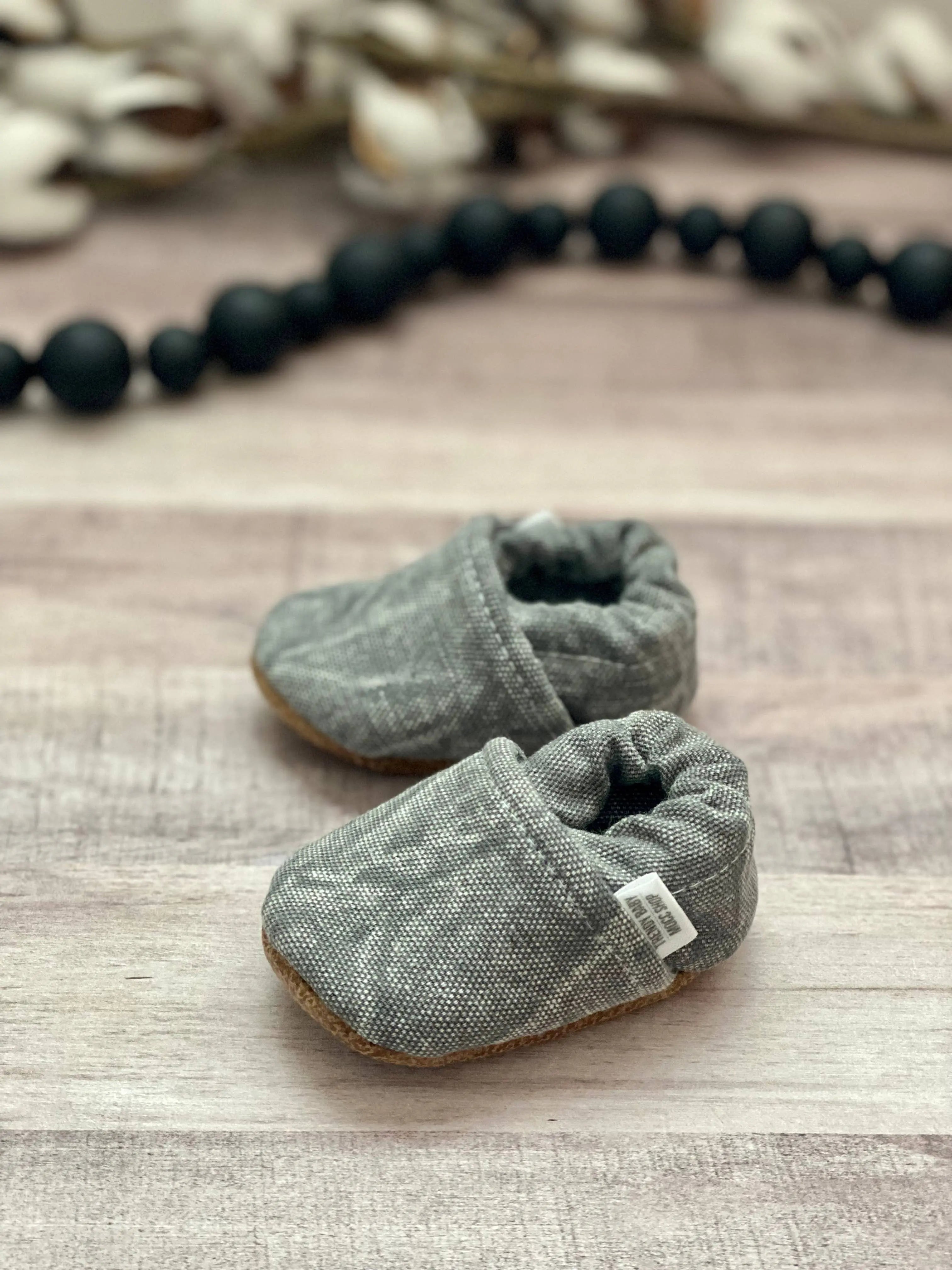 BABY MOCCASINS - GRAY DISTRESSED DENIM - Muse Baskets and Co.