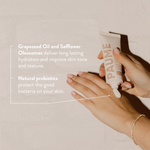 Hand holding a PAUME skincare product with text about ingredients on a neutral background