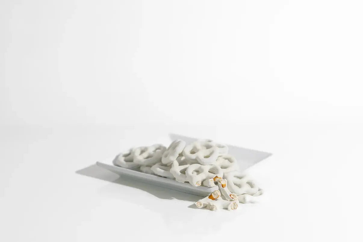 WHITE CHOCOLATE COVERED PRETZELS - Muse Baskets and Co.