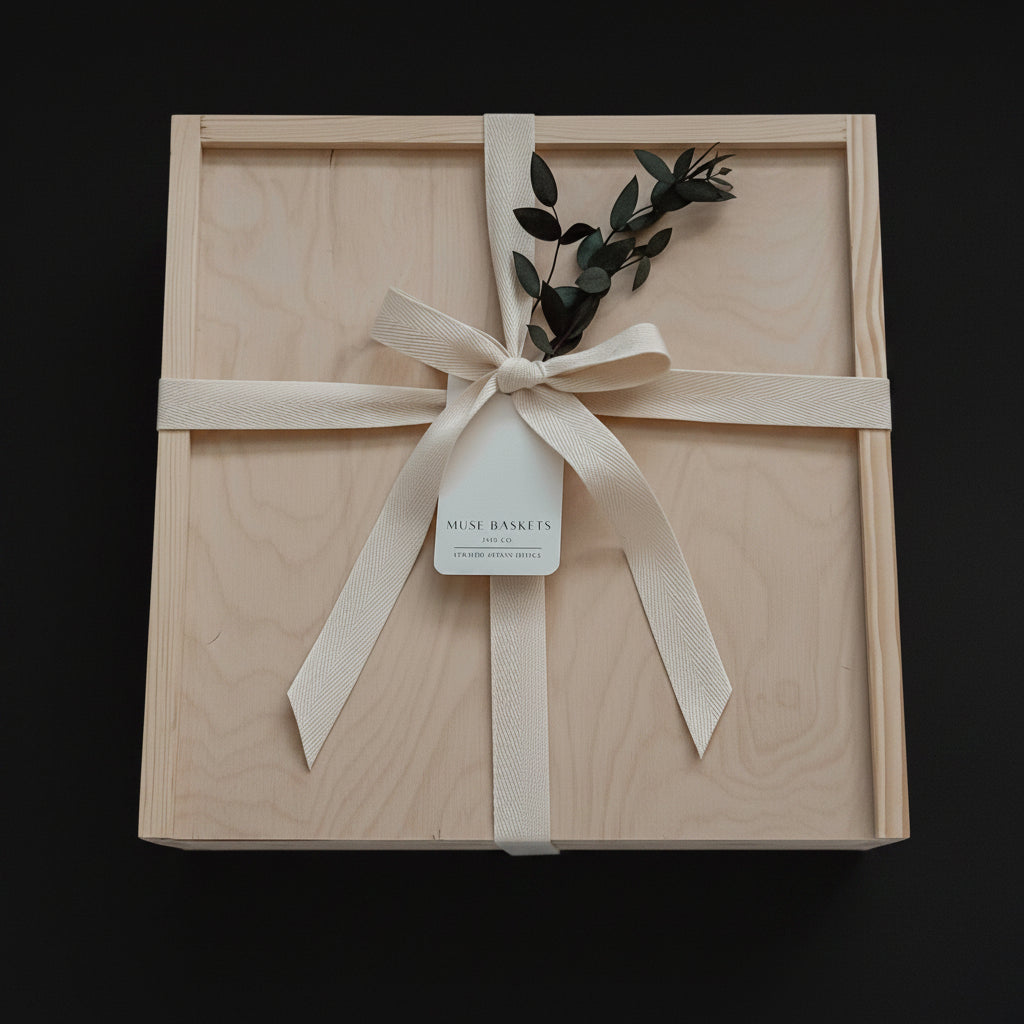 Closed Lid Wood Box presentation with a cotton twill ribbon, Locally sourced from Langley, British Columbia.