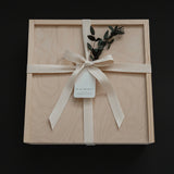 Closed Lid Wood Box presentation with a cotton twill ribbon, Locally sourced from Langley, British Columbia.