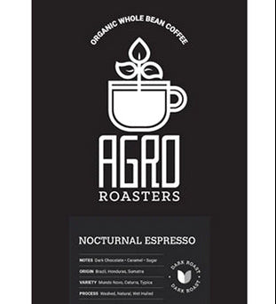 Three coffee package labels from Agro Roasters on a white background