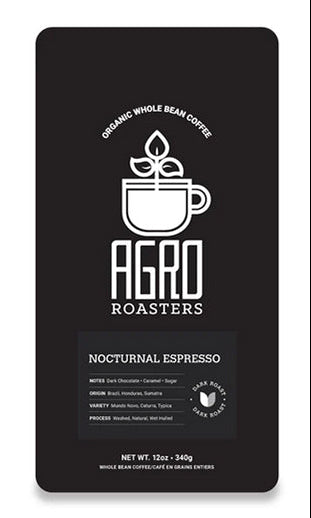 Three coffee package labels from Agro Roasters on a white background