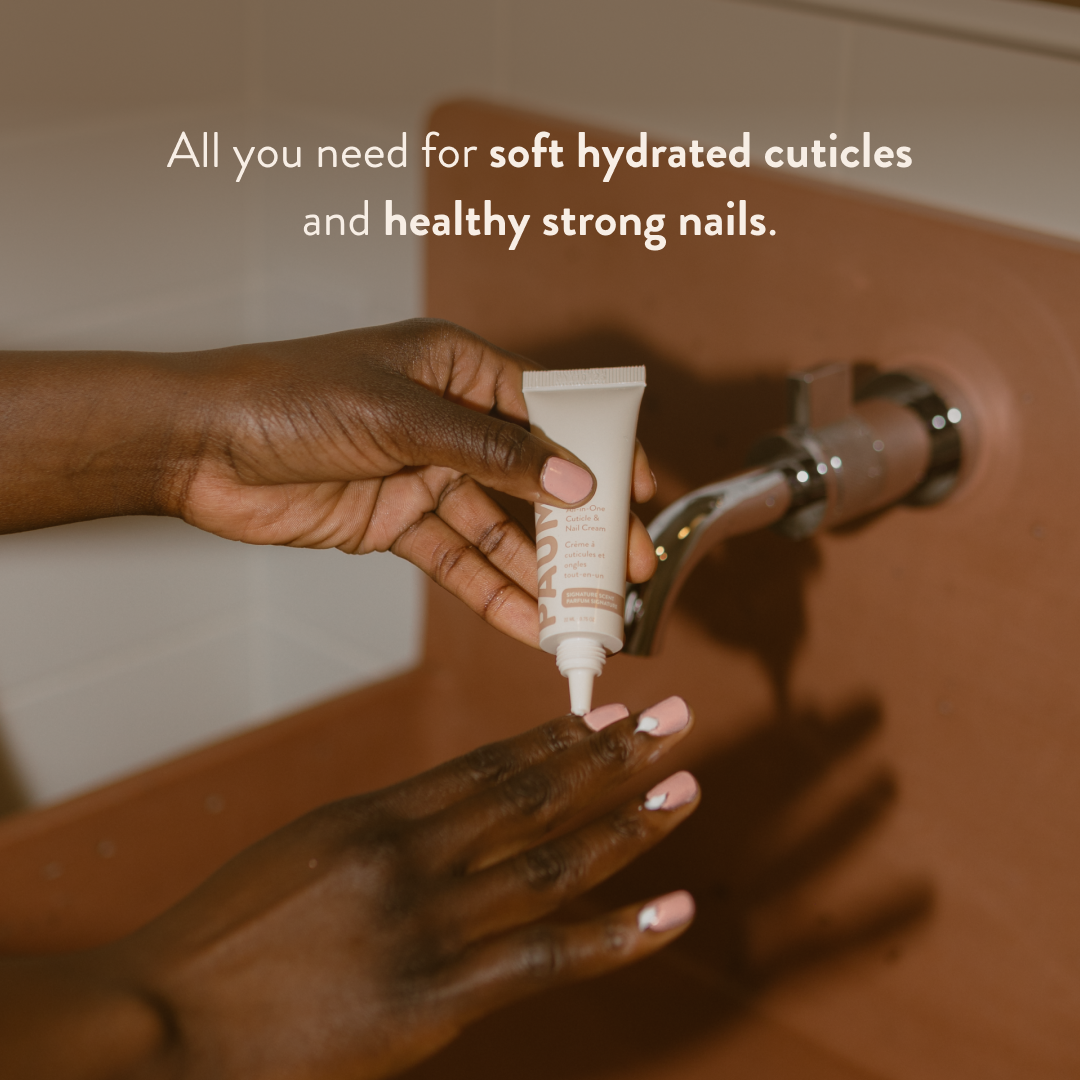 Hand applying cream to another hand with text about cuticles and nails.