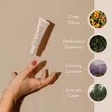 PAUME skincare product with scents listed on a beige background