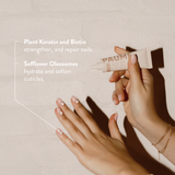 Hand applying nail care product with text about plant keratin, biotin, safflower oleosomes, and cuticle care.