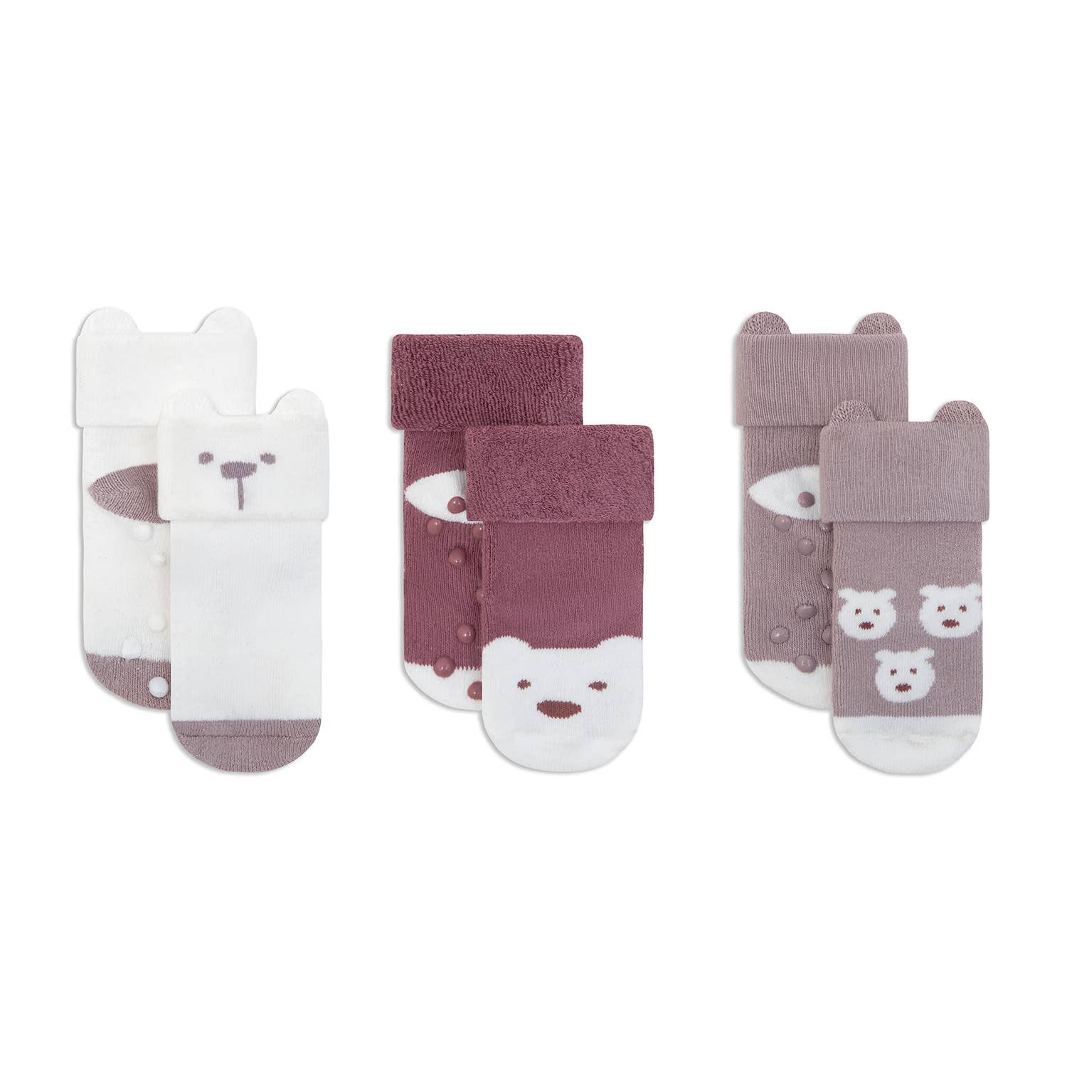 Set of baby socks with bear designs on a white background