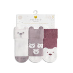 Set of three baby socks with bear designs on a Piccolo packaging