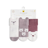 Set of three baby socks with bear designs on a Piccolo packaging