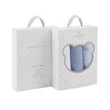 Three baby blankets in white, blue, and gray in a gift box set