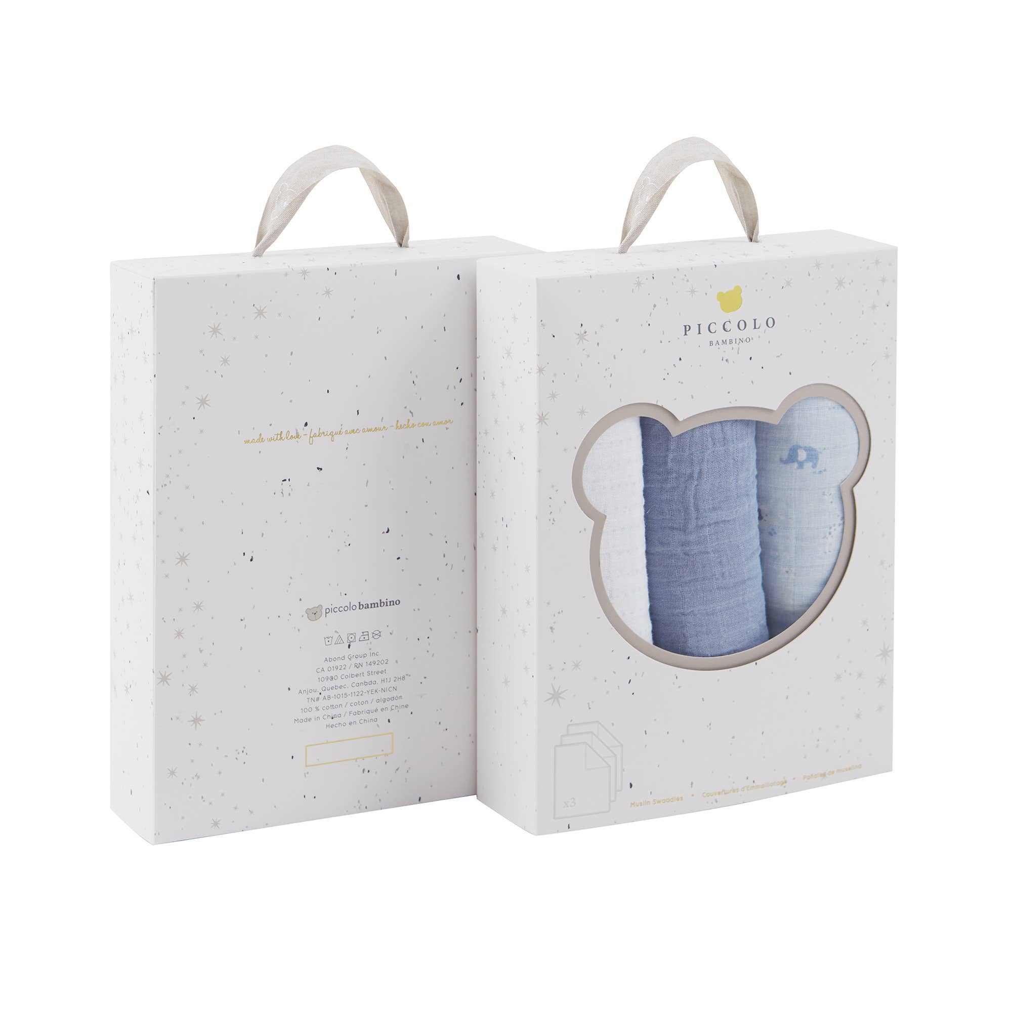 Three baby blankets in white, blue, and gray in a gift box set