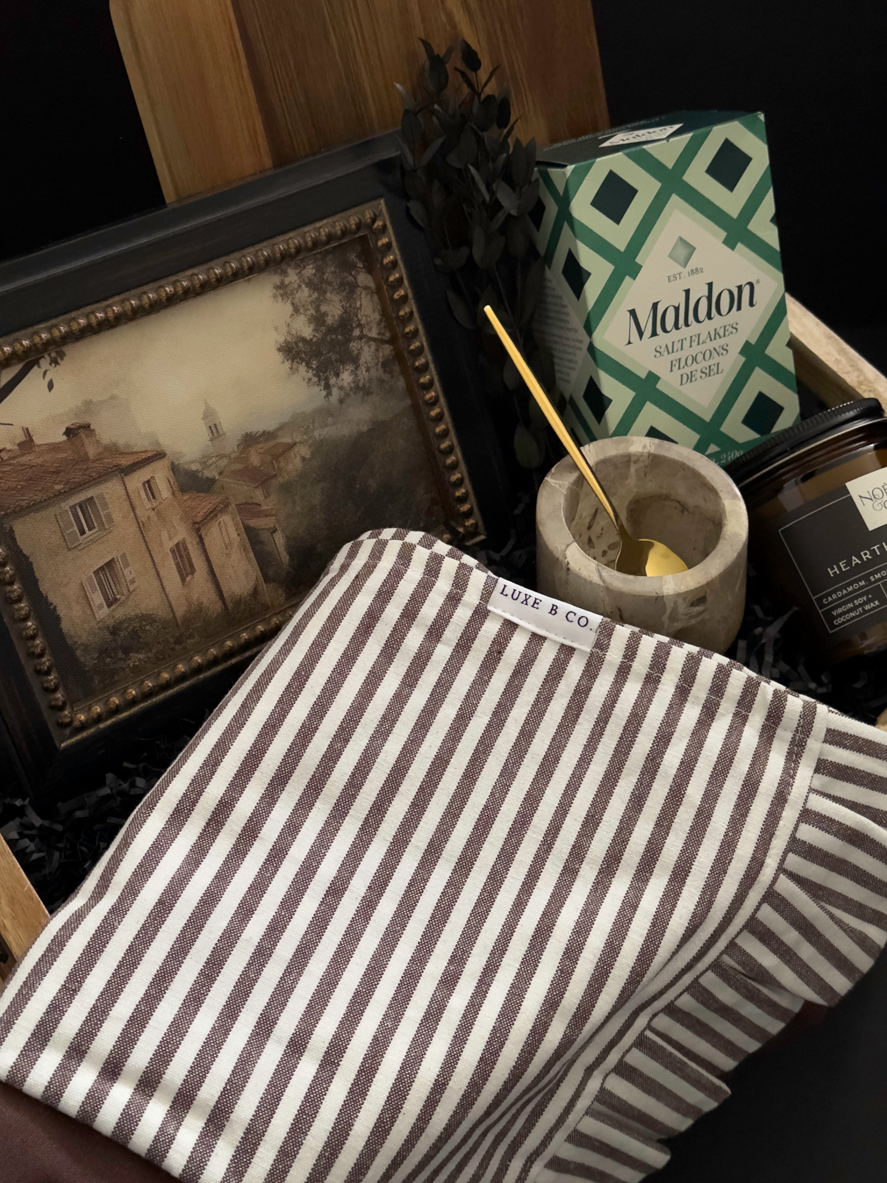 Hearth and Home new homeowner gift basket by Muse Baskets and Co., curated with kitchen and home pieces for realtor closing, possession day and client gifting.