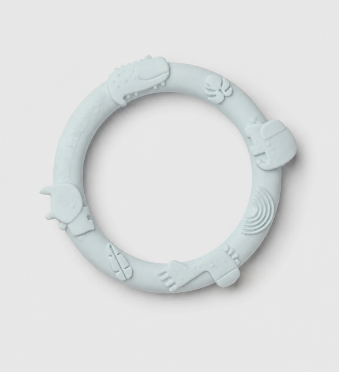 Light blue silicone teething ring on a light gray background