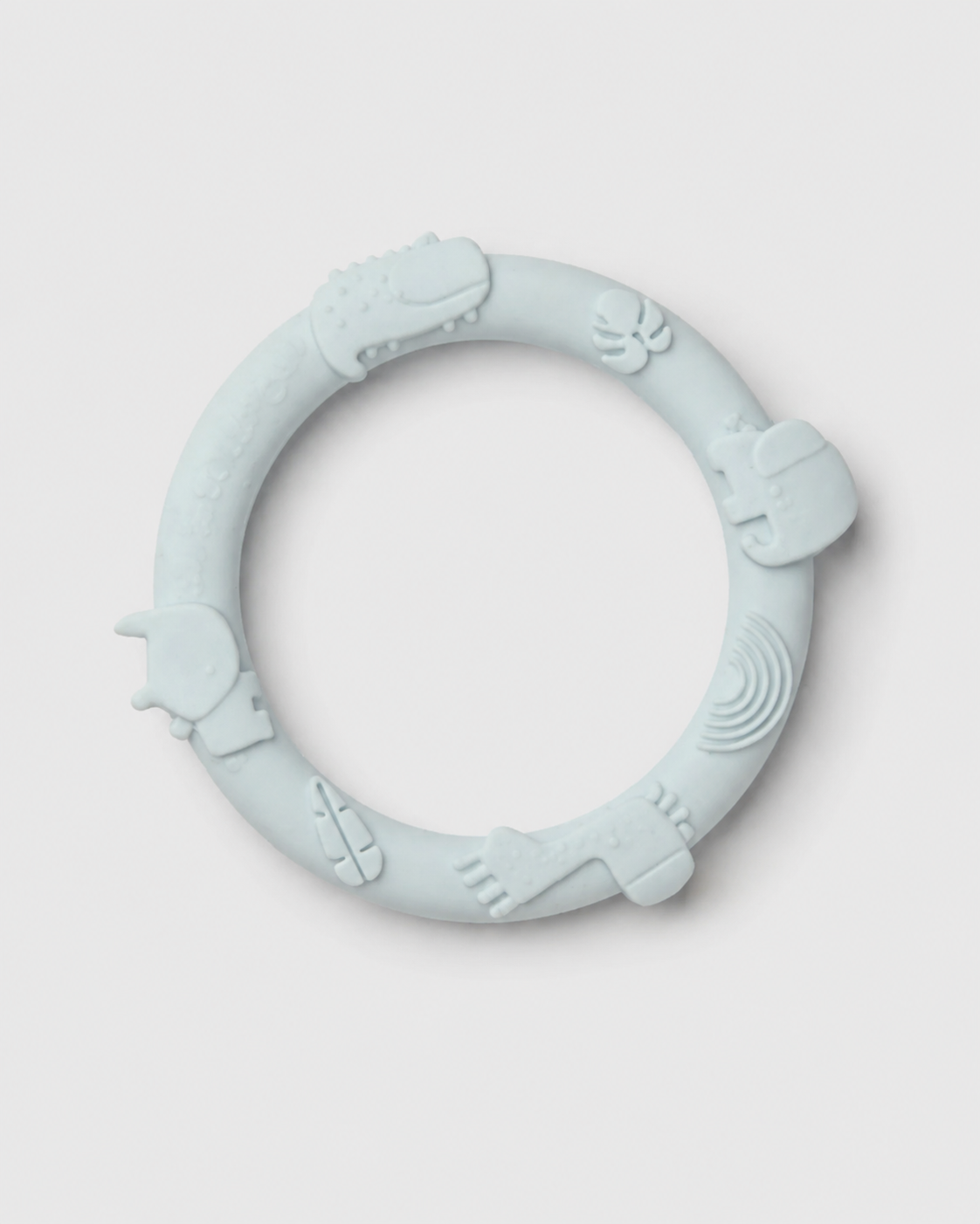 Light blue silicone teething ring on a light gray background