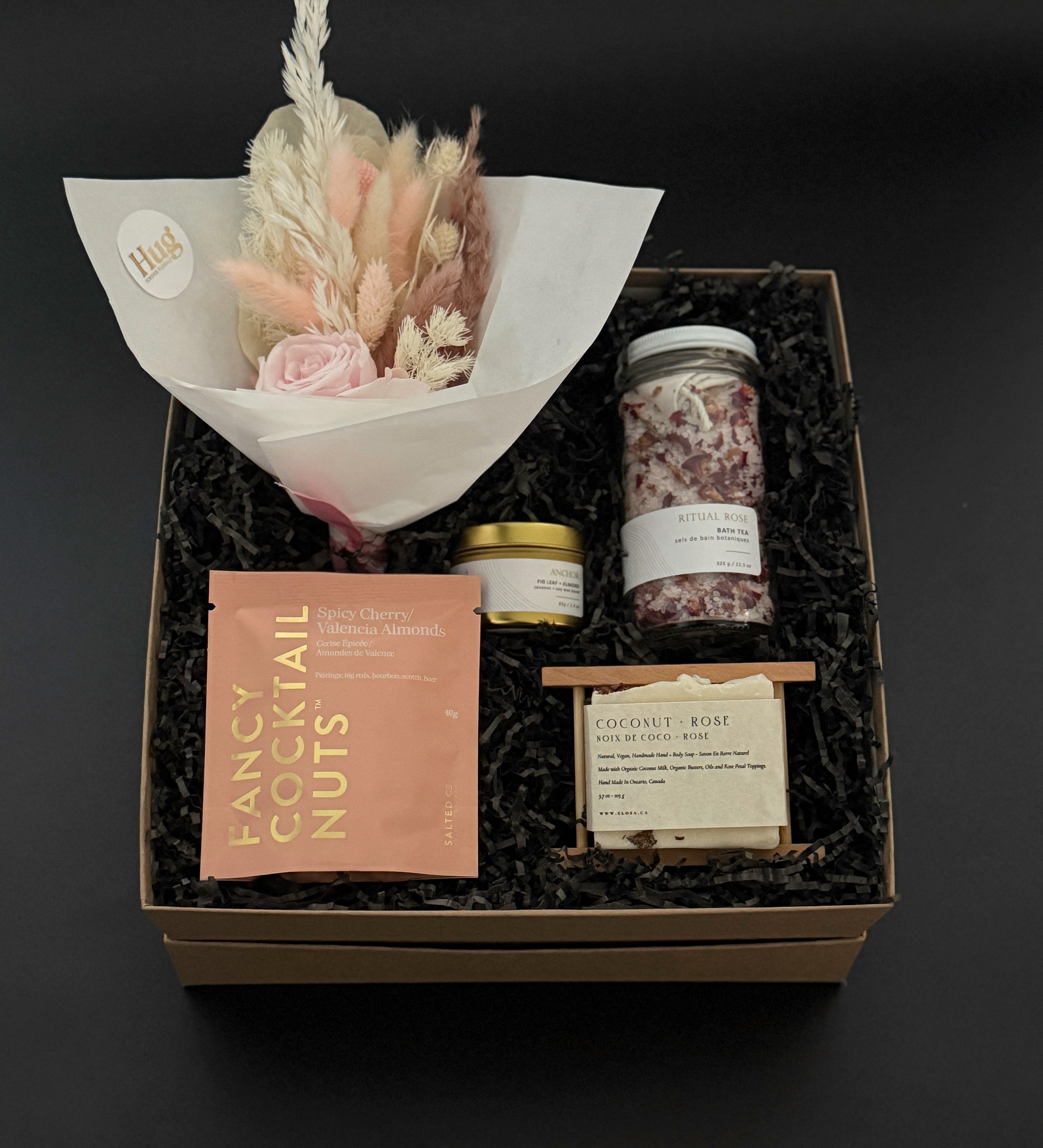 Blush & Bloom self-care gift box with dried florals, bath tea, soap, almonds, and candle – luxury Canadian gift for her by Muse Baskets.