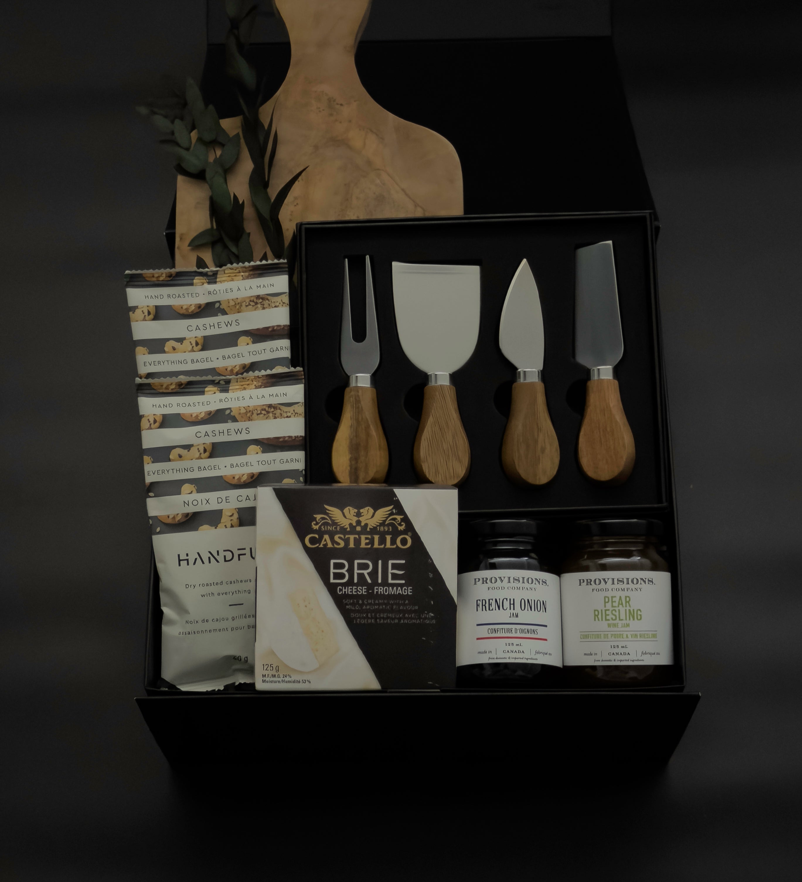 Luxury charcuterie gift box with olive wood board acacia cheese knives brie and gourmet jams by Muse Baskets and Co Vancouver