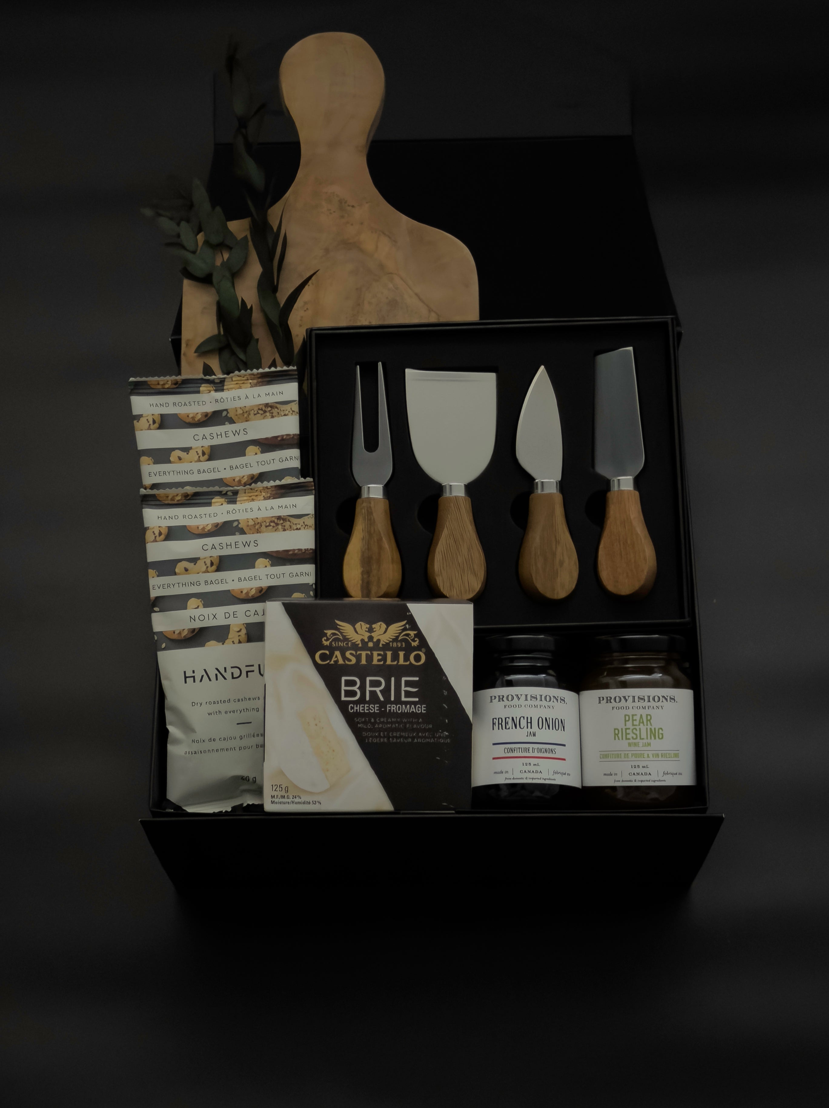 Luxury charcuterie gift box with olive wood board acacia cheese knives brie and gourmet jams by Muse Baskets and Co Vancouver