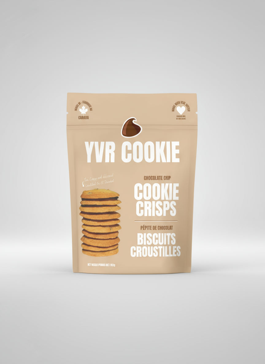 Three packages of YVR Cookie Chocolate Chip Cookie Crisps on a white background