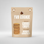 Three packages of YVR Cookie Chocolate Chip Cookie Crisps on a white background