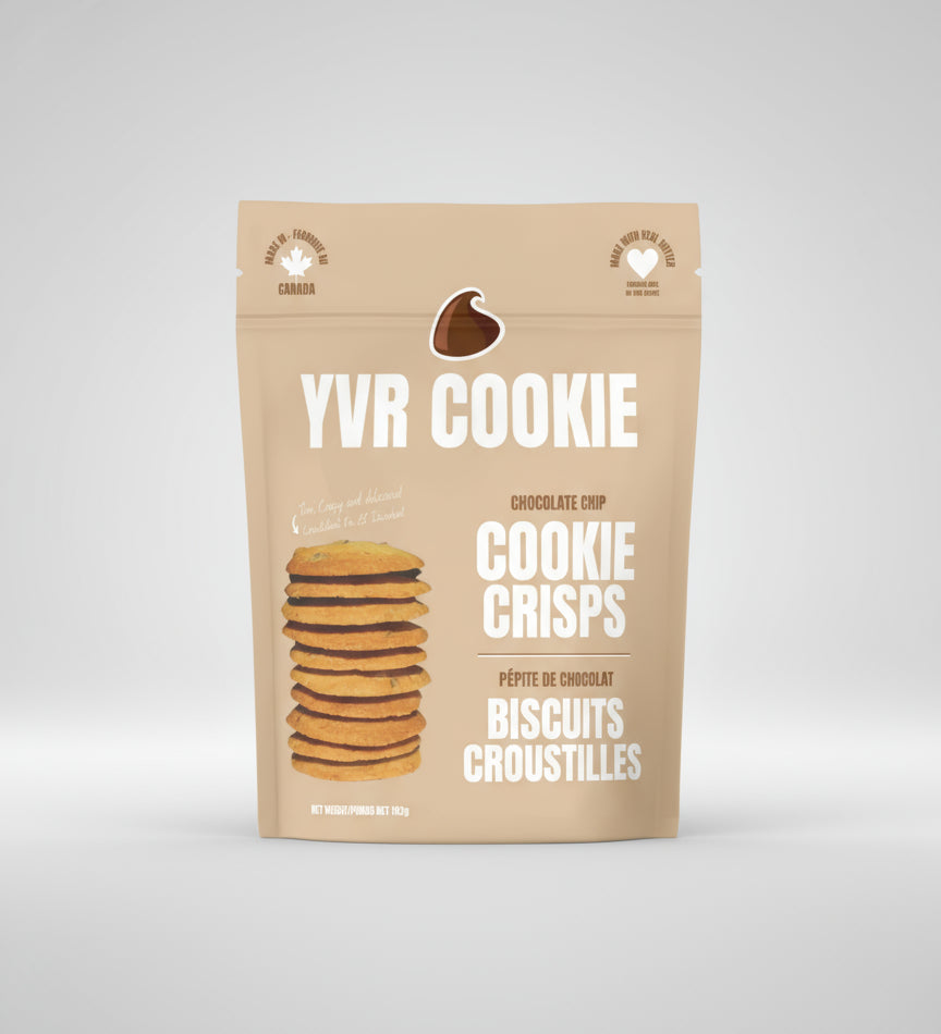 Three packages of YVR Cookie Chocolate Chip Cookie Crisps on a white background