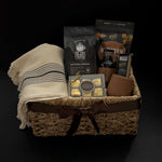 Luxury coffee gift basket with Agro Roasters espresso Gharyan Stoneware cup Turkish towel and Canadian chocolates by Muse Baskets and Co Vancouver