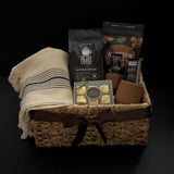 Luxury coffee gift basket with Agro Roasters espresso Gharyan Stoneware cup Turkish towel and Canadian chocolates by Muse Baskets and Co Vancouver
