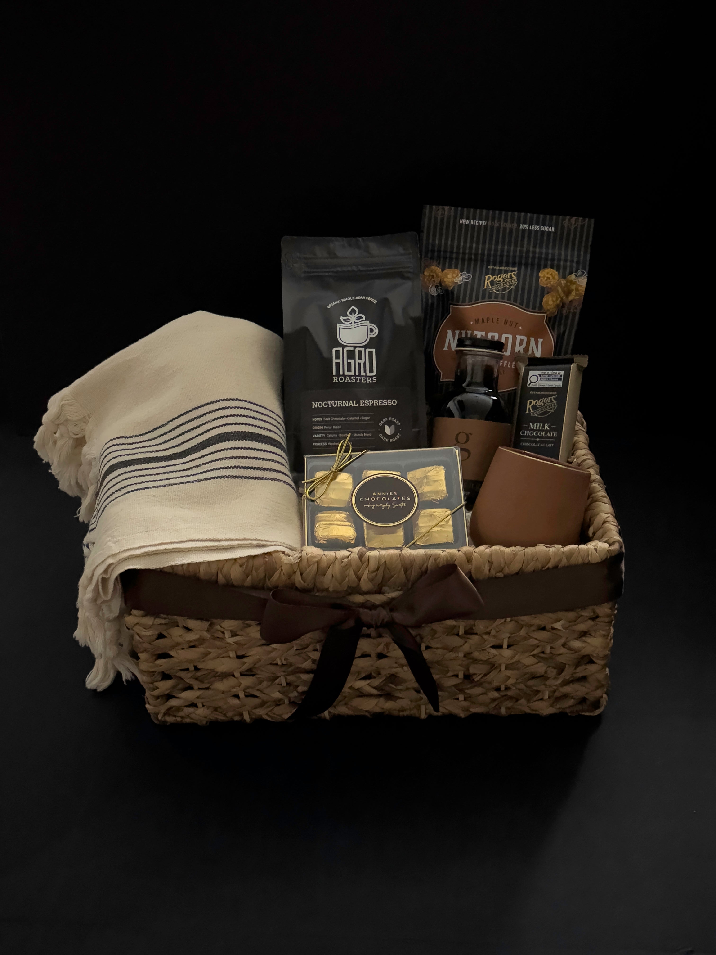 Luxury coffee gift basket with Agro Roasters espresso Gharyan Stoneware cup Turkish towel and Canadian chocolates by Muse Baskets and Co Vancouver