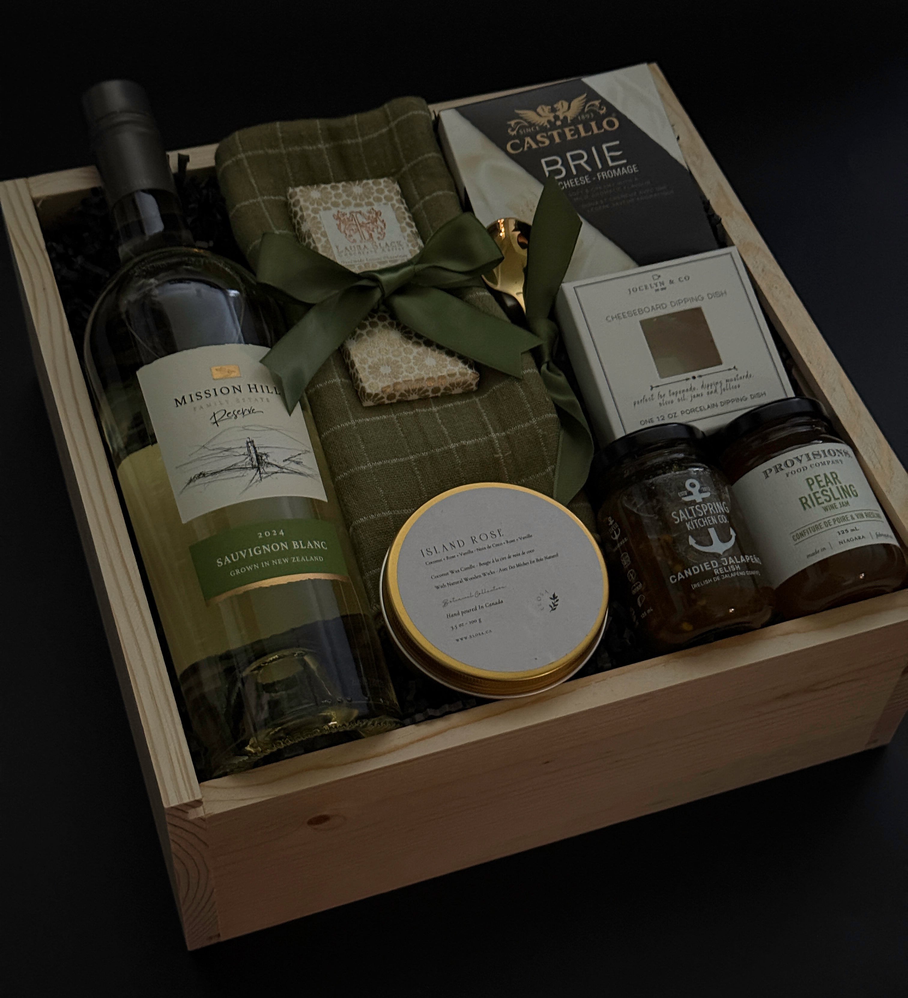 Luxury corporate client gift box featuring wine, Brie, jam, dipping dish, candle, and chocolate in a wood box,  ideal for realtors, law firms, and design studios.