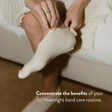 Person wearing a cotton sock with text about overnight hand care routine.