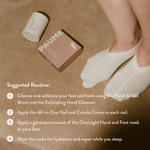 Foot care products and routine on a brown surface with text.