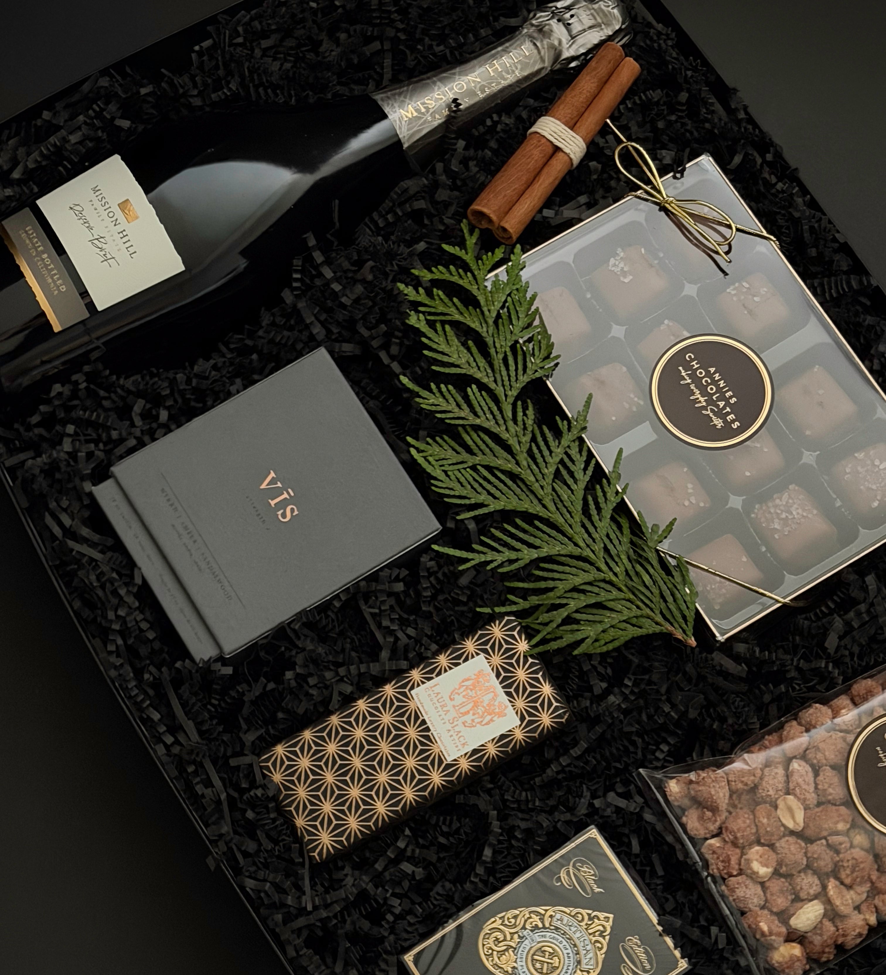 St. James Reserve holiday gift in a Signature Onyx box with satin ribbon, curated for VIP clients by Muse Baskets and Co.