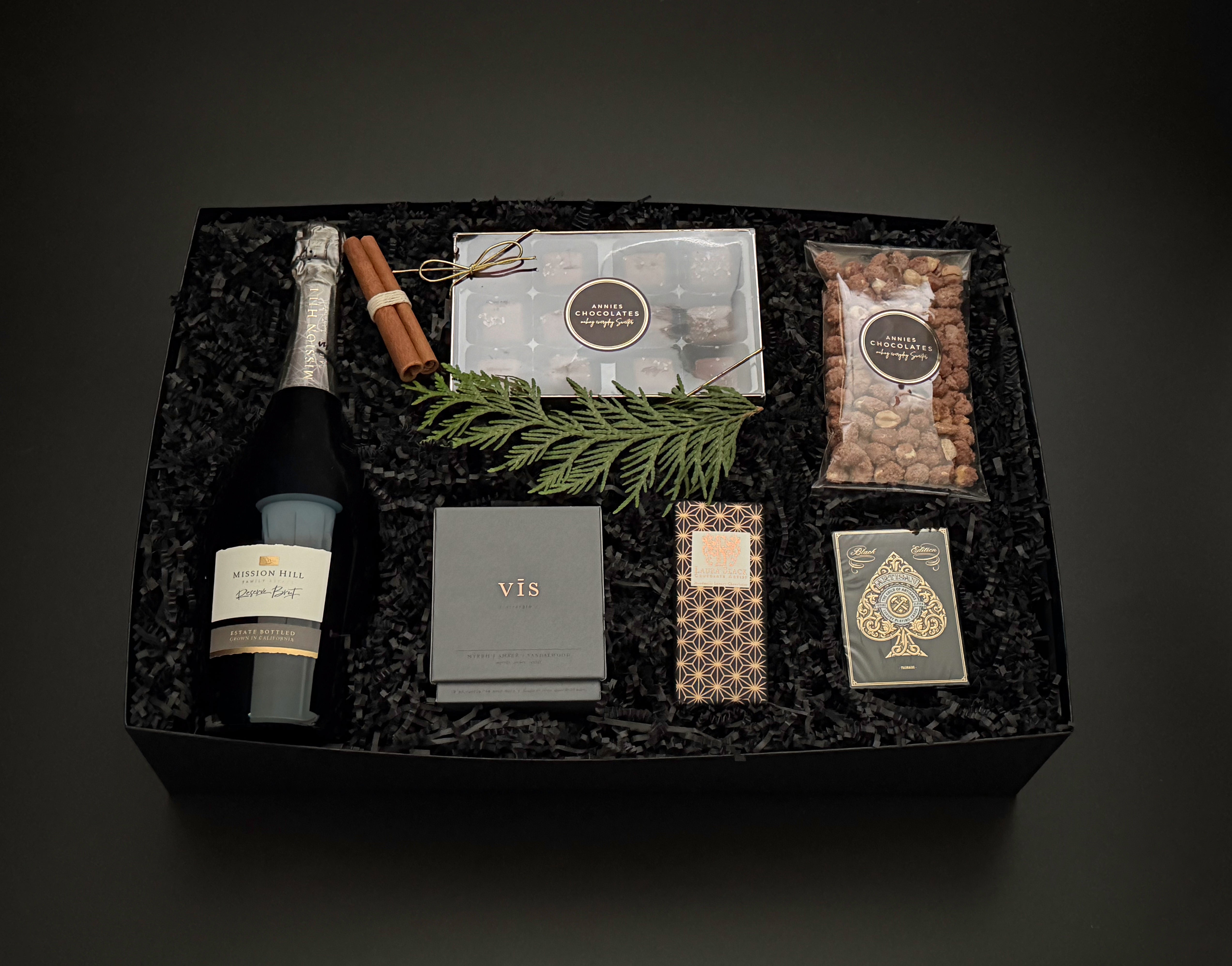 Mission Hill Reserve Brut and VIS candle with artisan treats in St. James Reserve, a holiday gift by Muse Baskets and Co.