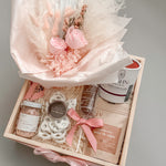 
Gift basket for her with preserved florals white chocolate pretzels and Canadian artisan makers by Muse Baskets and Co Vancouver
