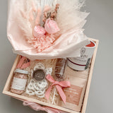 
Gift basket for her with preserved florals white chocolate pretzels and Canadian artisan makers by Muse Baskets and Co Vancouver
