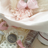 Preserved blush rose and pampas floral bouquet by Hugme Florals in La Vie en Rose gift box by Muse Baskets and Co Vancouver