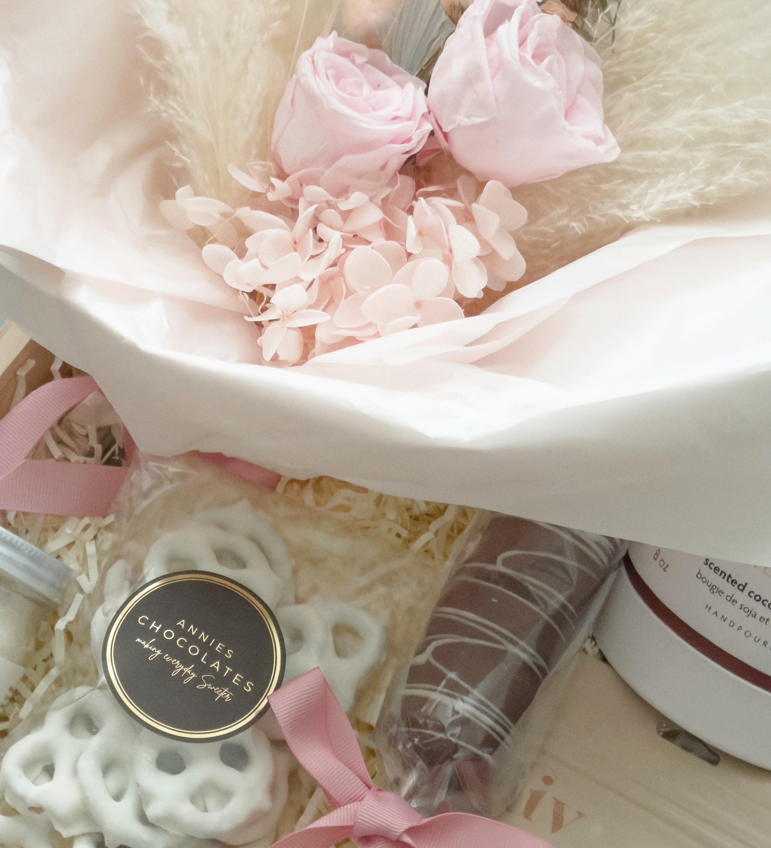Preserved blush rose and pampas floral bouquet by Hugme Florals in La Vie en Rose gift box by Muse Baskets and Co Vancouver