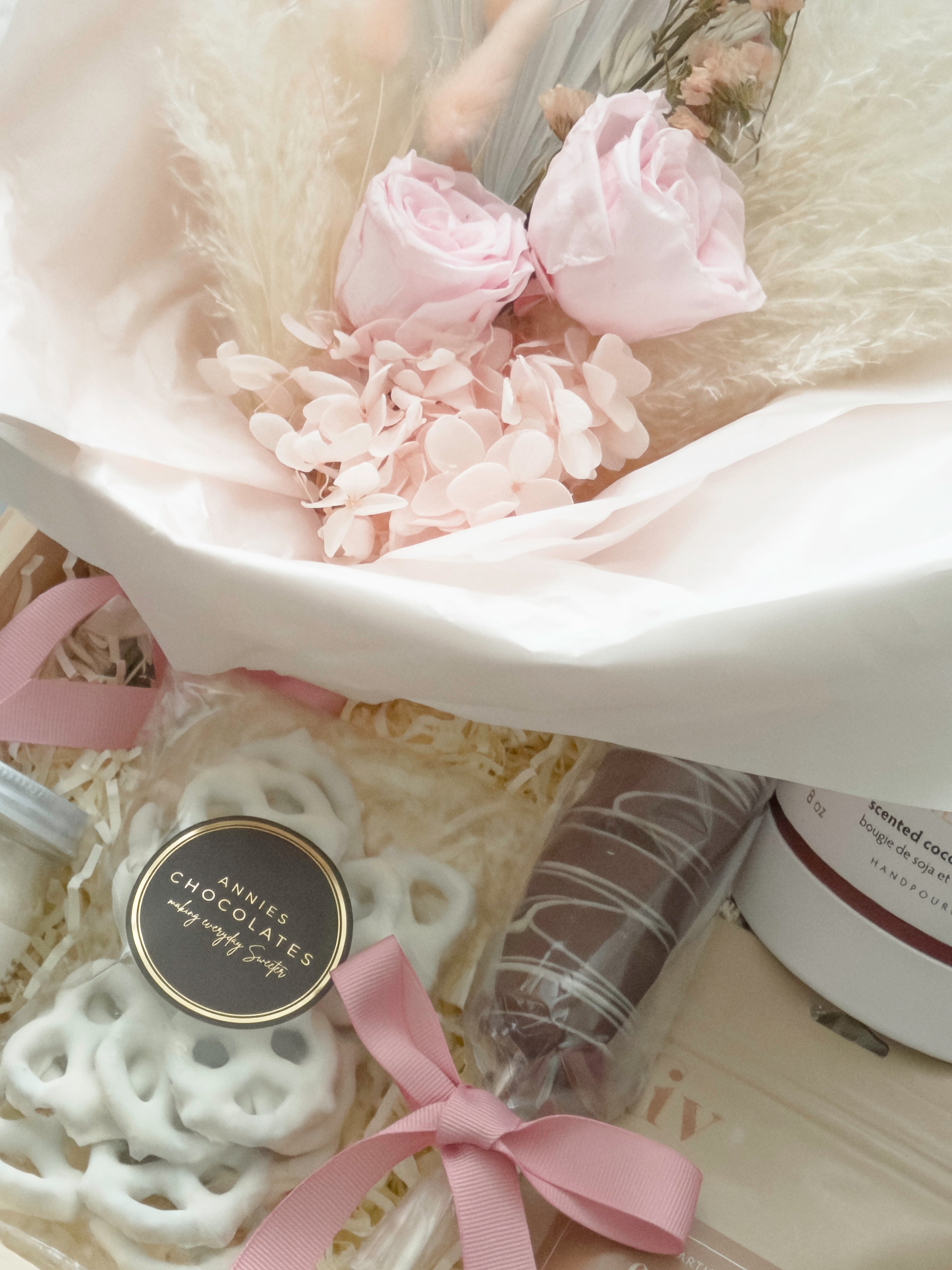 Preserved blush rose and pampas floral bouquet by Hugme Florals in La Vie en Rose gift box by Muse Baskets and Co Vancouver