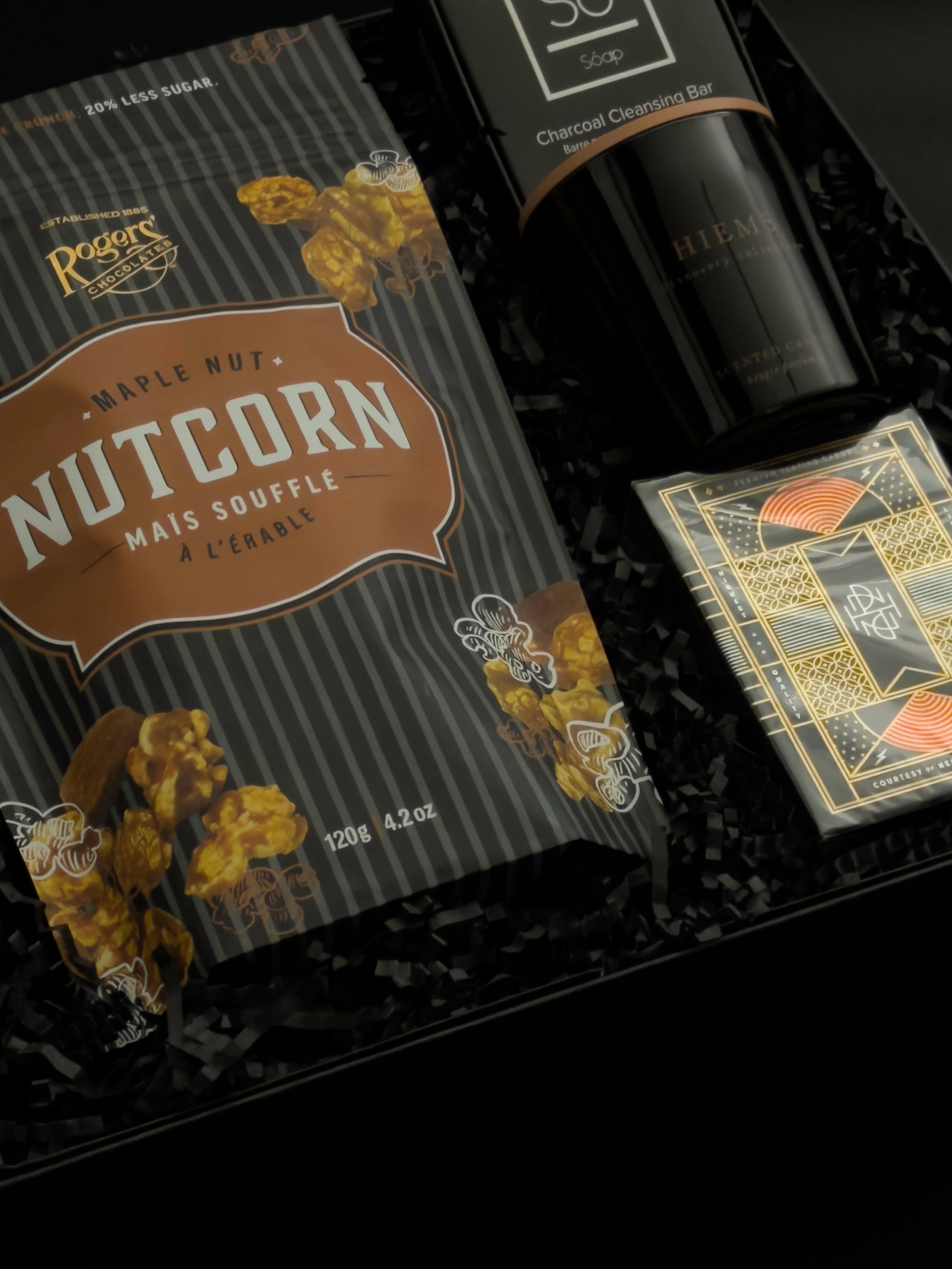 After Hours luxury gift box with candle, gourmet maple confection, charcoal bar and designer playing cards