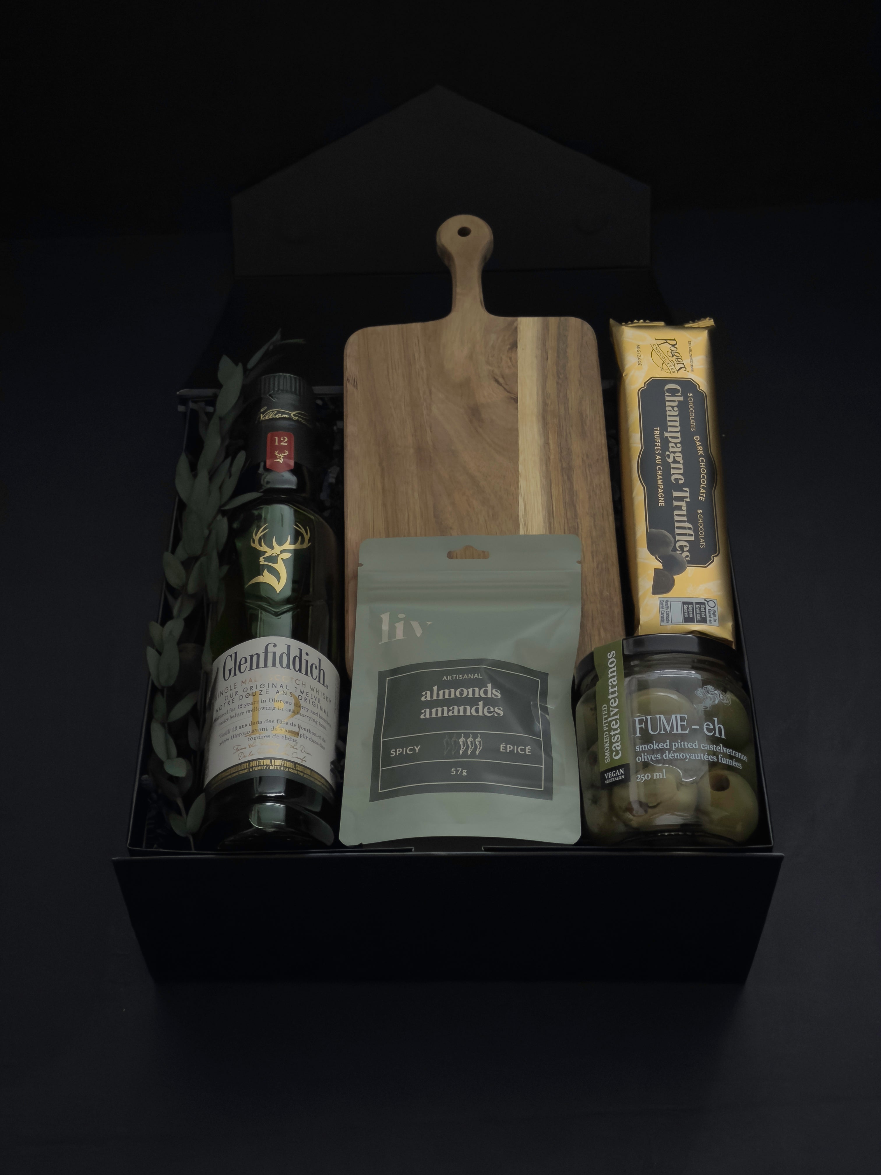 uxury whisky gift box for him with Glenfiddich 12 Year single malt acacia wood board and artisan provisions by Muse Baskets and Co Vancouver