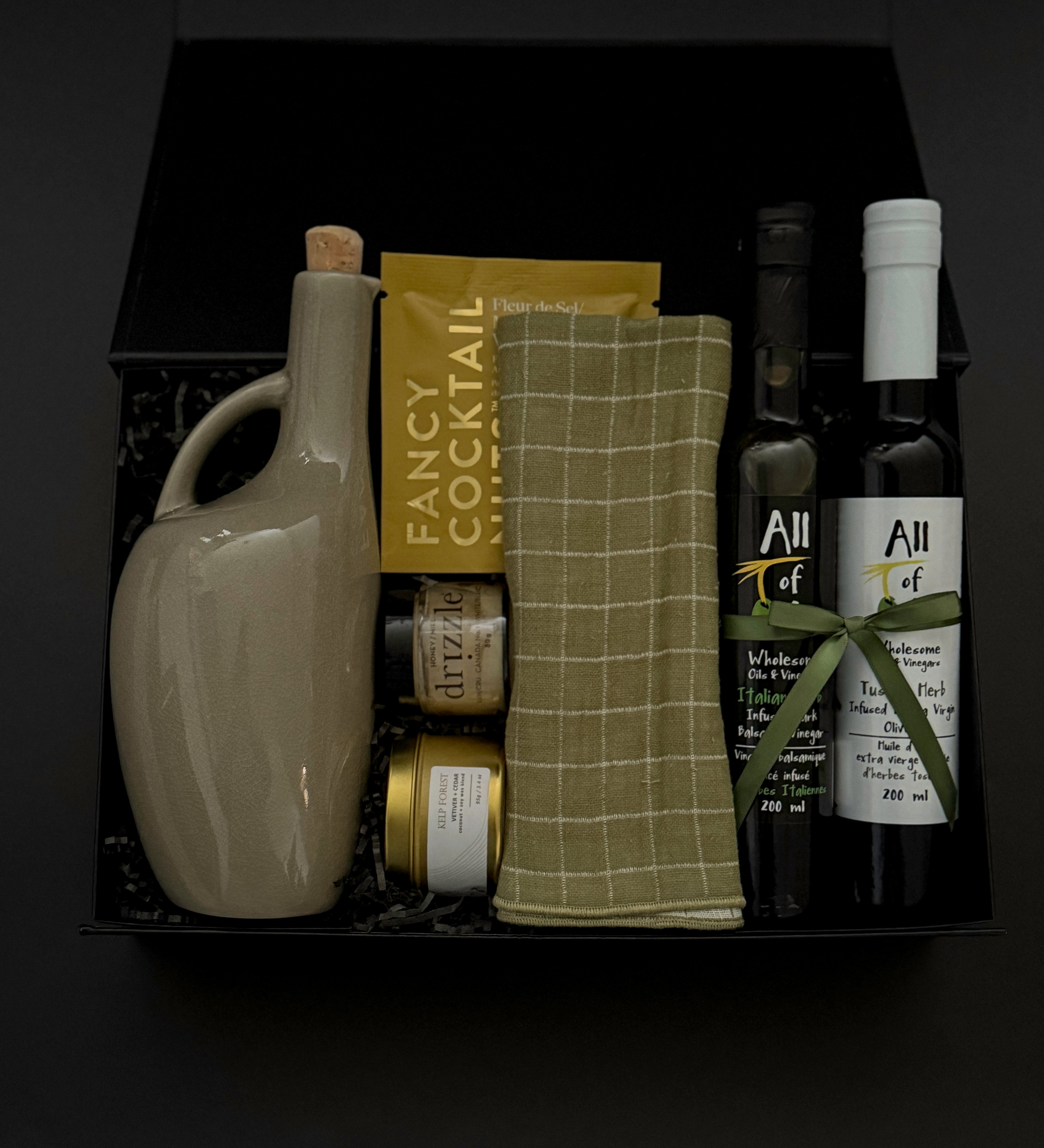 Tuscan Harvest Gift Box with Italian herb balsamic, olive oil, almonds, honey, and stoneware dispenser.