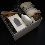Luxury home gift box with Vitruvi Stone Diffuser olive wood serving set Turkish towel and eucalyptus by Muse Baskets and Co Vancouver