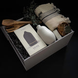 Luxury home gift box with Vitruvi Stone Diffuser olive wood serving set Turkish towel and eucalyptus by Muse Baskets and Co Vancouver