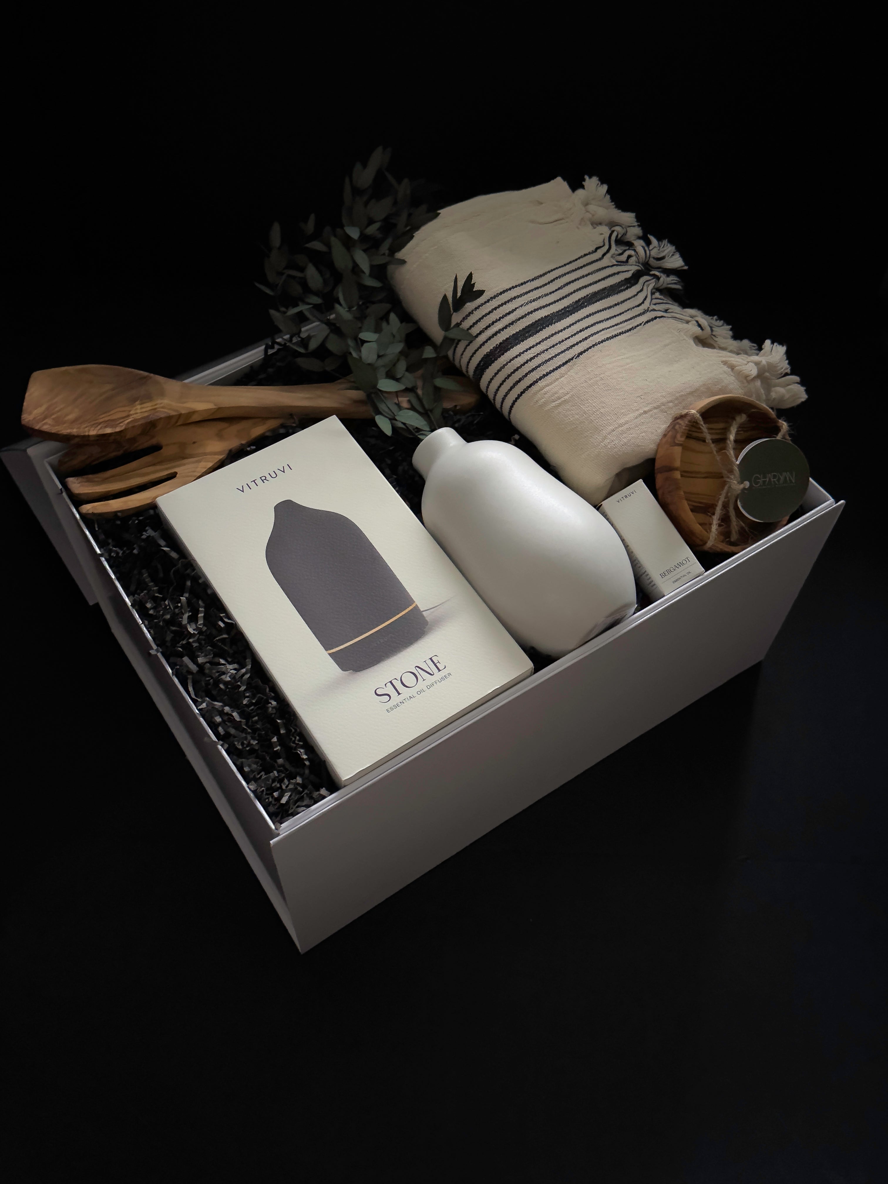 Luxury home gift box with Vitruvi Stone Diffuser olive wood serving set Turkish towel and eucalyptus by Muse Baskets and Co Vancouver