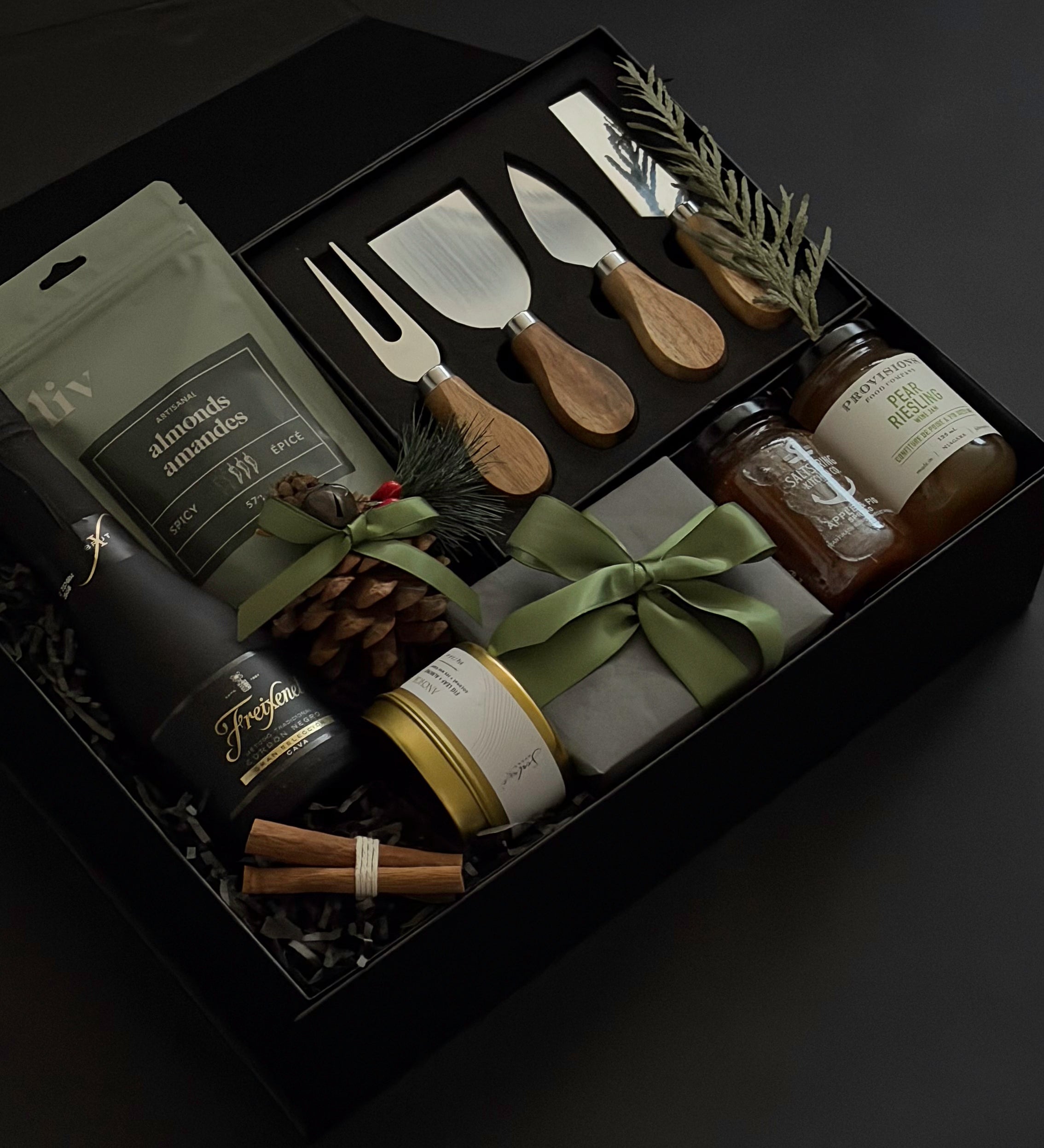 The Luxe Charcuterie Box with sparkling wine, artisan spreads, and cheese knives by Muse Baskets and Co.