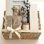 The Estate luxury possession day gift basket with Magnolia Table, sculptural bookends, candle and reed diffuser by Muse Baskets and Co.